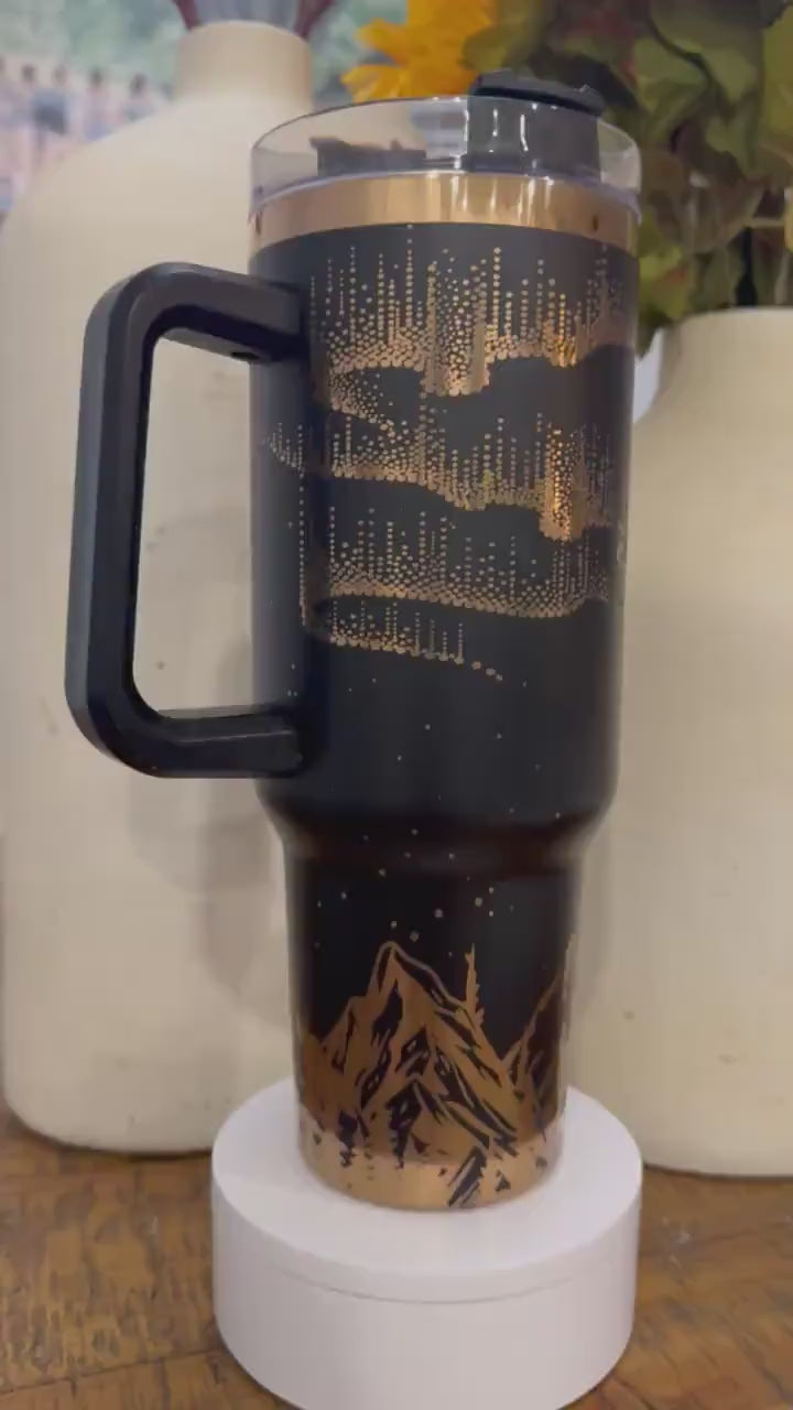 Black & Copper 40oz Tumbler with Handle and Straw - Laser Engraved Full Wrap Design | Personalization Available - Unique Drinkware Gift